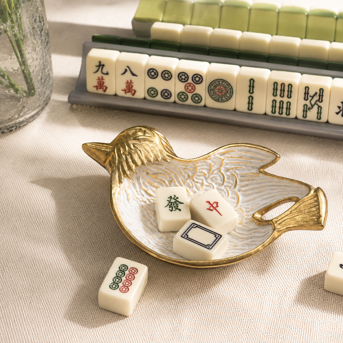 Gold White Enamel Mahjong  Bird Tray