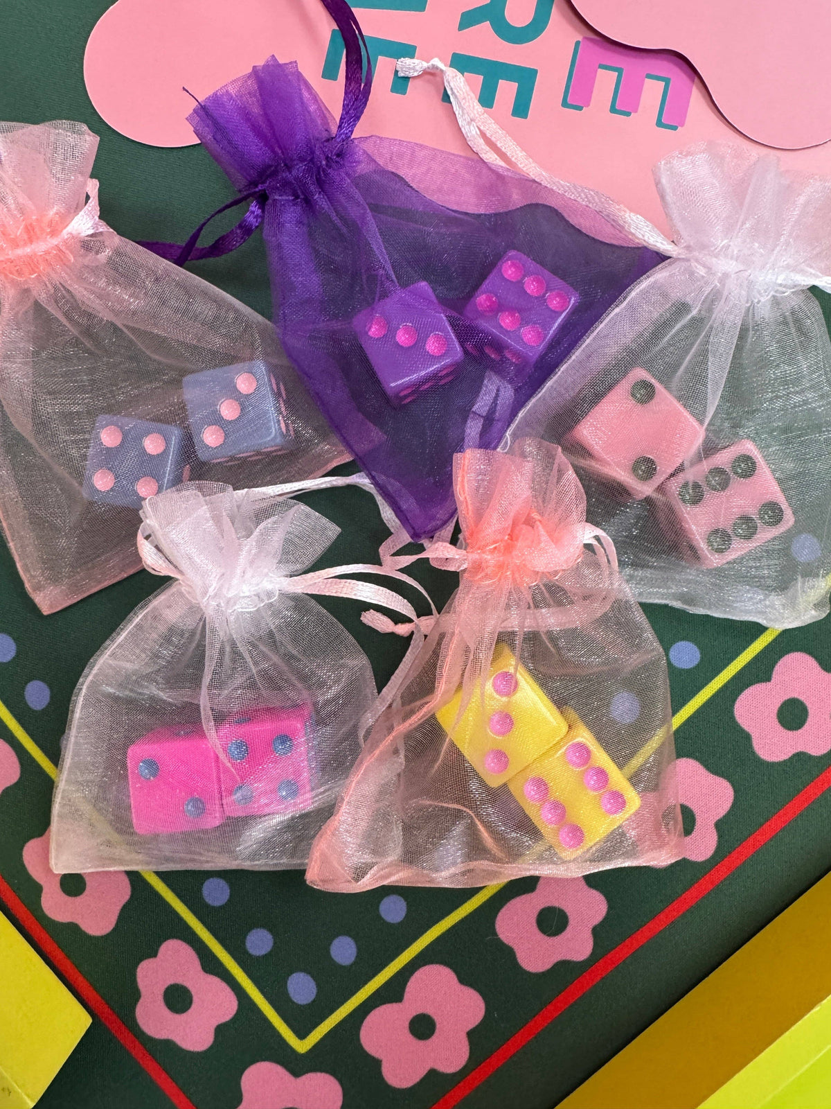 Dice (set of 2): Light Pink with Chartreuse