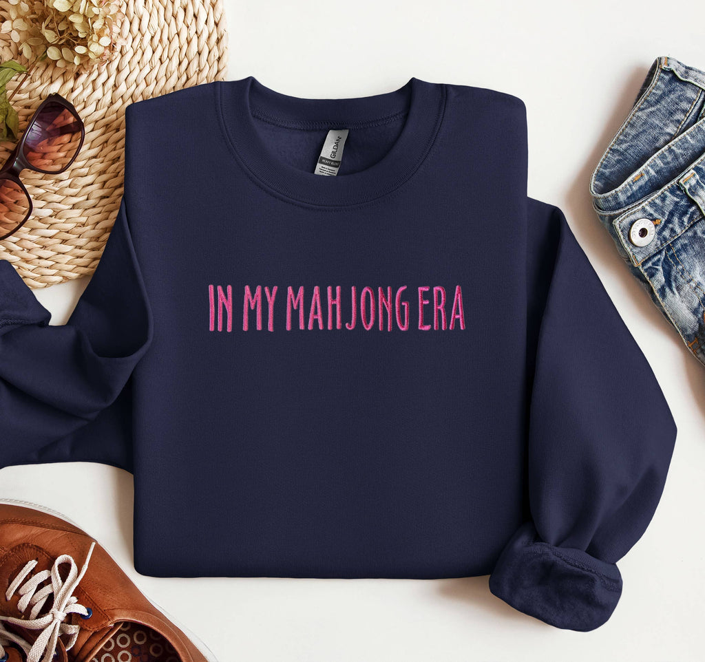 Embroidered In My Mahjong Era Crewneck, Trendy Sweatshirt: Ash / L / Floral Pink