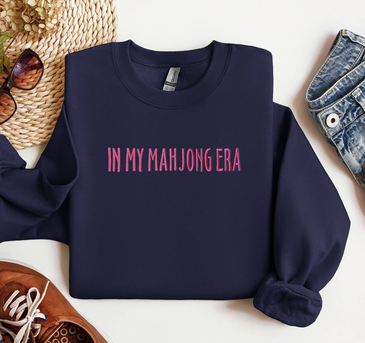 Embroidered In My Mahjong Era Crewneck, Trendy Sweatshirt: Soft Pink / L / Floral Pink