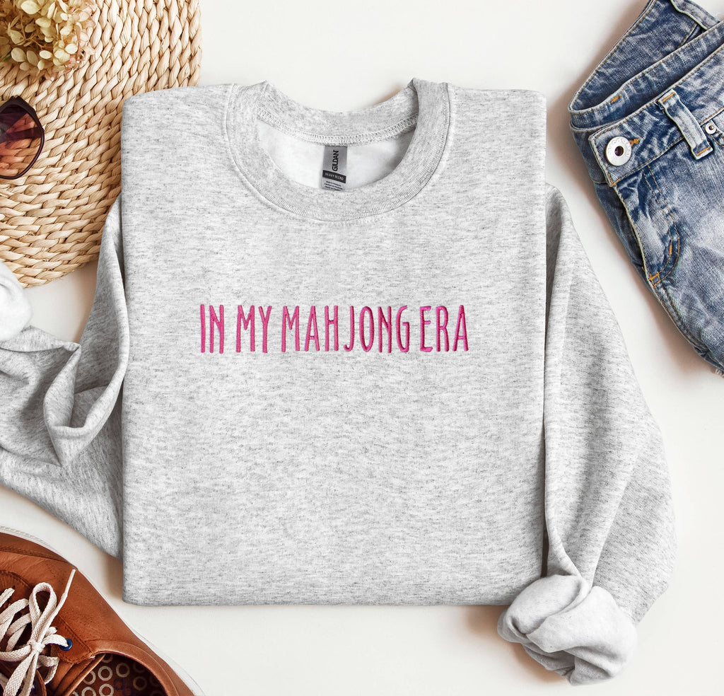 Embroidered In My Mahjong Era Crewneck, Trendy Sweatshirt: Ash / XL / Floral Pink