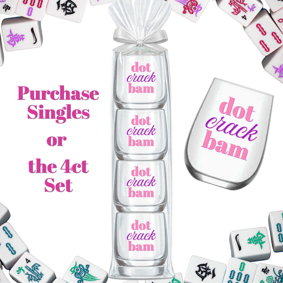 Mahjong Stemless 4 ct Set Wine Glasses "Dot Crack Bam"