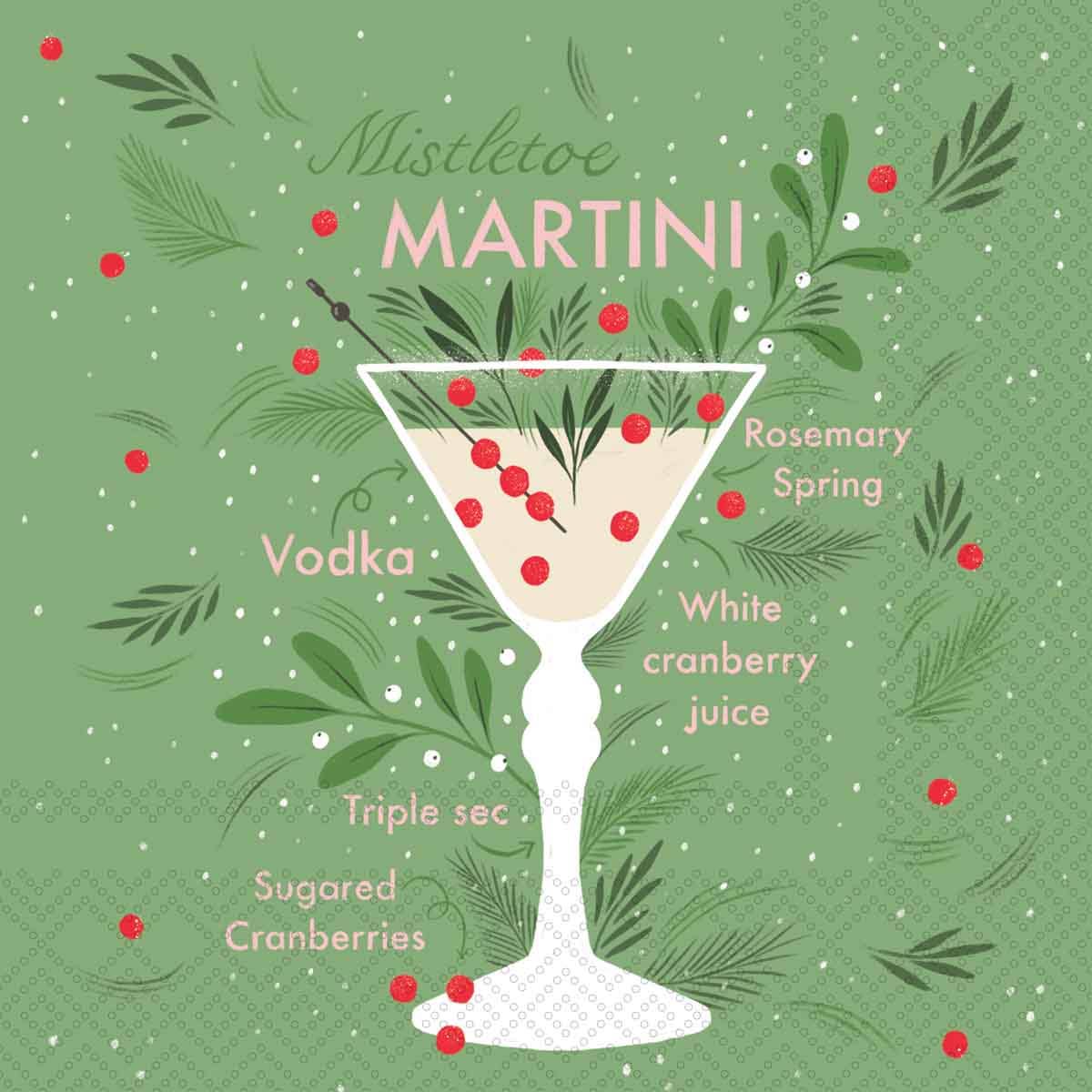 Paper Cocktail Napkins 20 Ct Mistletoe Martini Christmas