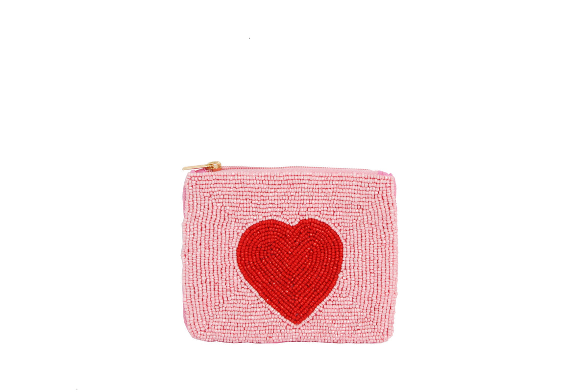 Ladies Fully Beaded Pink Heart Theme Coin Purse