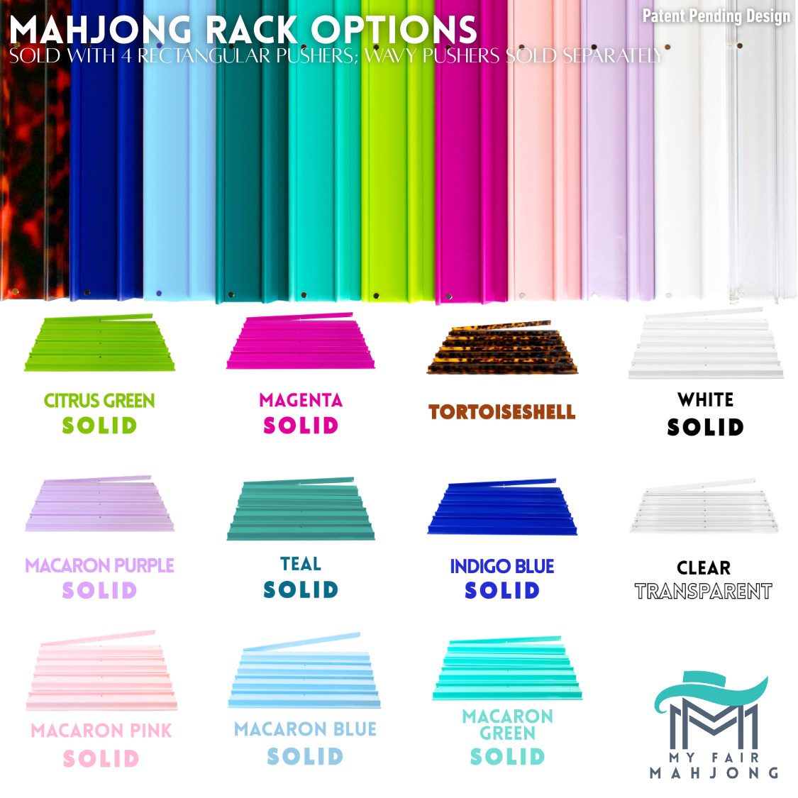 MAHJONG RACKS | Premium Acrylic | 4 Racks + 4 Pushers: Solid Macaron Purple