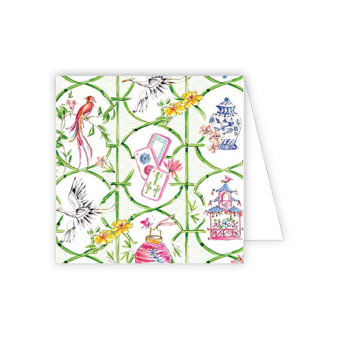 Mahjong Icons in Green Bamboo Trellis Enclosure Card