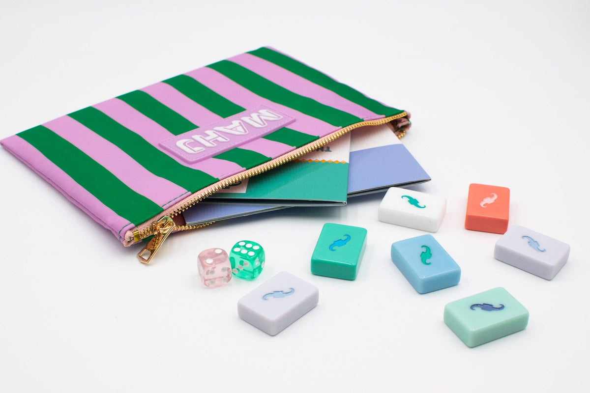 Premium Mahjong Card & Accessory Bag: Stripes- Purple & Green Card & Accessory Bag