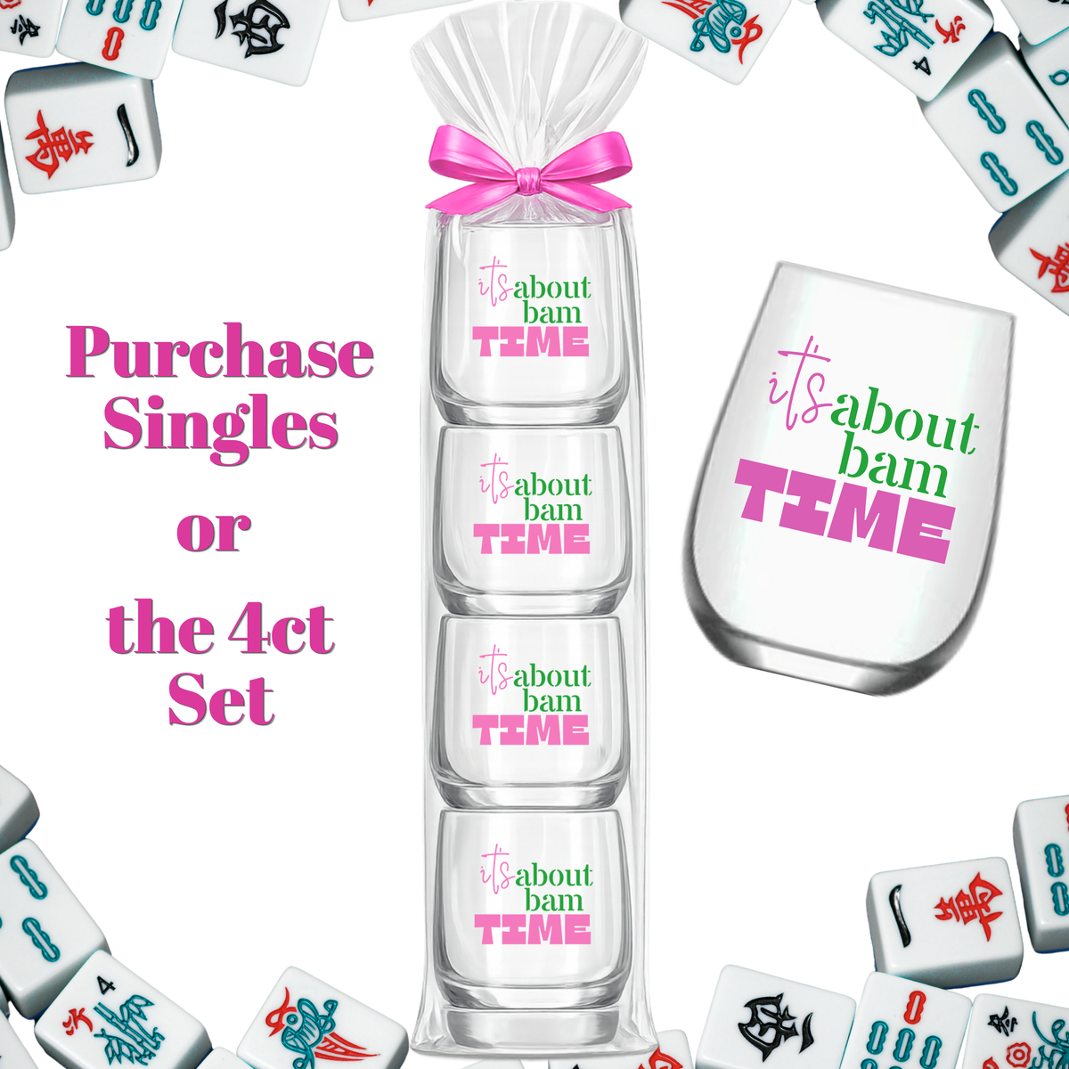 Mahjong Stemless 4 ct Set Wine Glasses "It's About Bam Time"