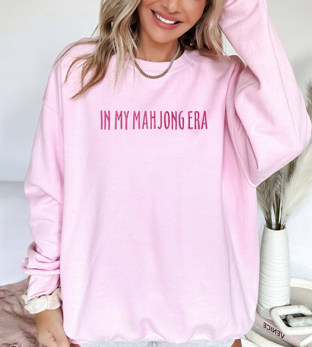 Embroidered In My Mahjong Era Crewneck, Trendy Sweatshirt: Soft Pink / M / Floral Pink