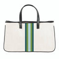 Racer Stripe Canvas Tote - Natural + Teal Stripes: 100% Cotton Canvas/Genuine Leather Handles/Waterproof Lining / 11" H x 20" W x 6" D, Inside Pocket: 7.5" H x 9" W